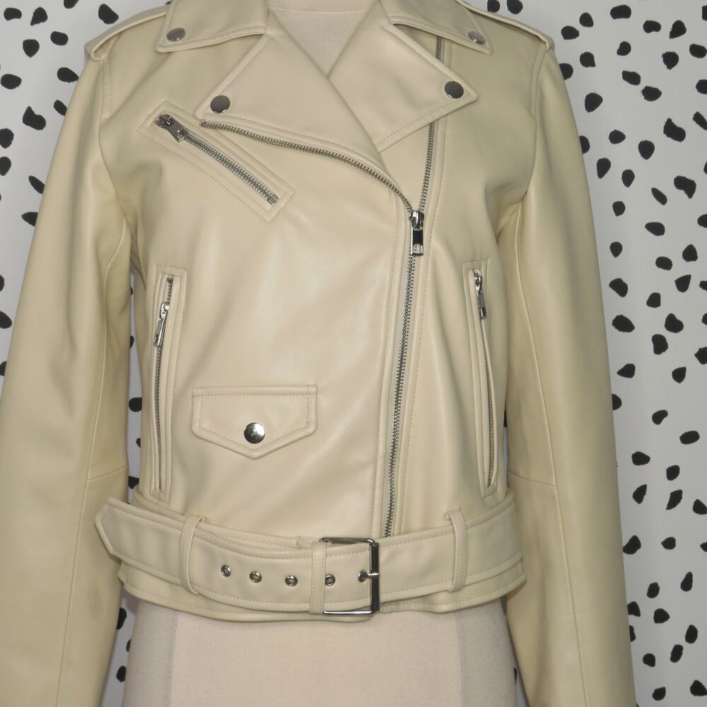 Zara Cream Faux Leather Belted Moto Jacket - Picture 4 of 11